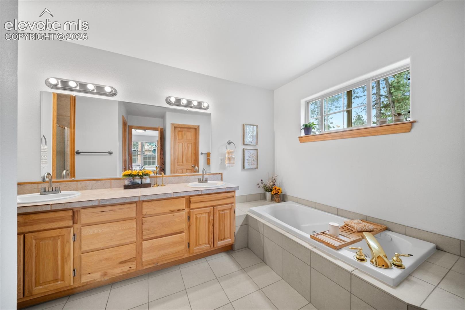 Main level ensutie with double sink vanity and bathtub