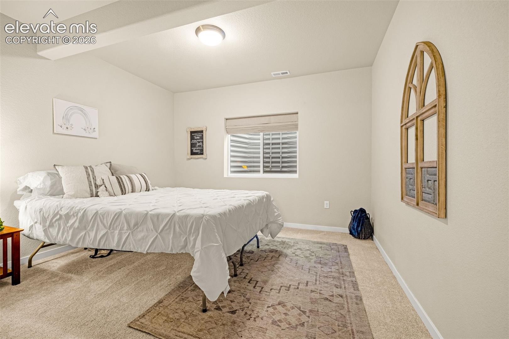 Neutral-toned interior space featuring beige carpeting, a recessed window with an integrated egress well, and a central ceiling-mounted light fixture