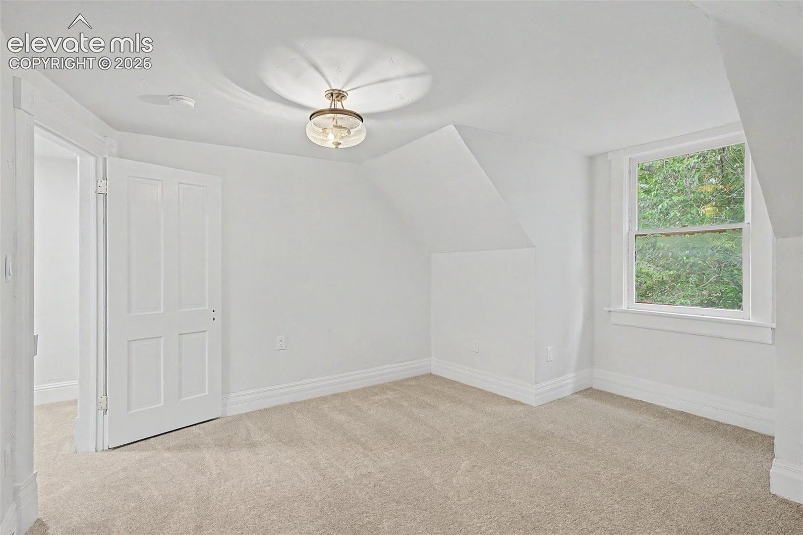 Carpeted interior space with a window offering natural light, a four-panel interior door, and a ceiling-mounted light fixture
