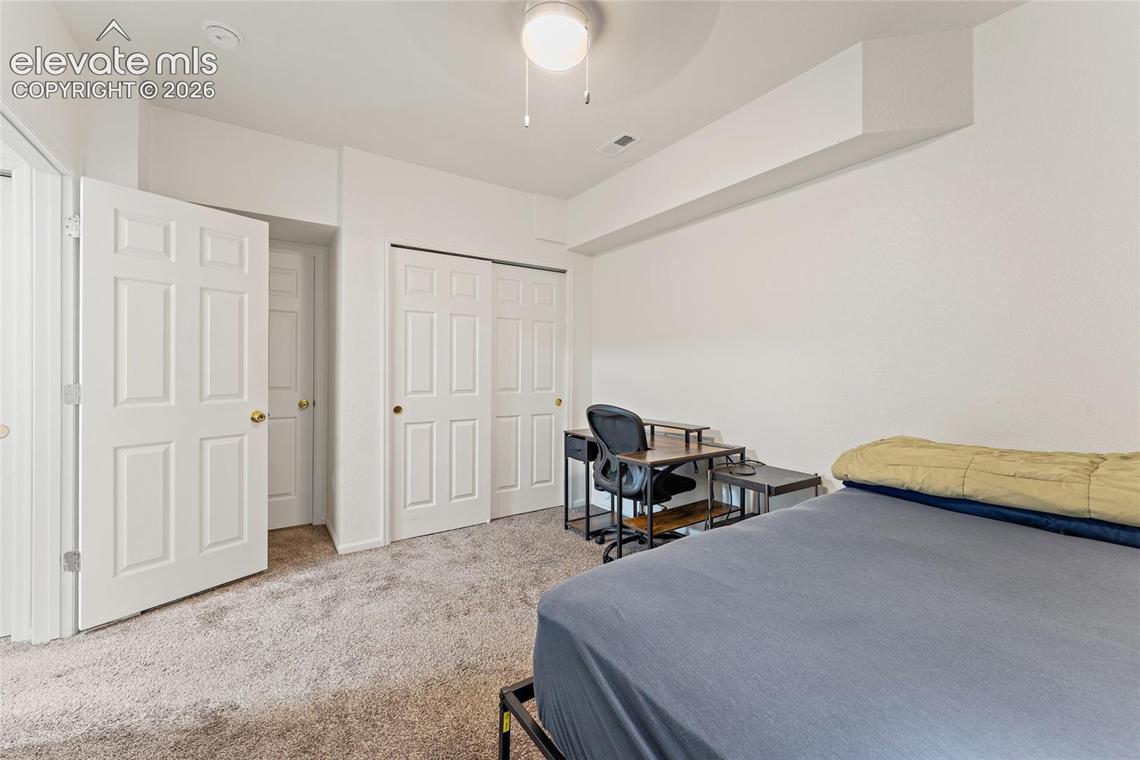 Room featuring neutral-toned carpeting, two-panel interior doors, recessed closet storage, and a ceiling-mounted light fixture