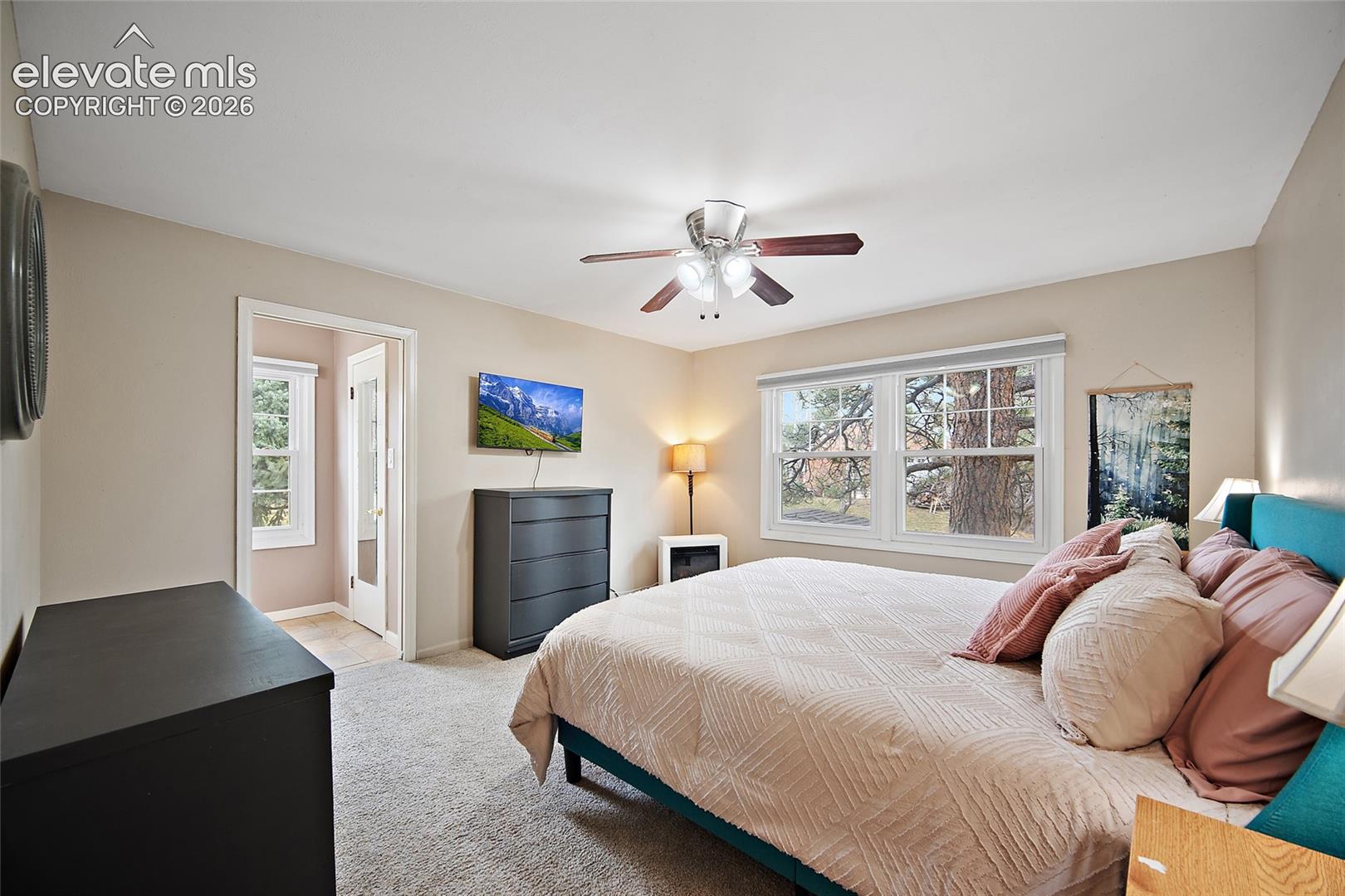 Neutral-toned interior featuring plush carpeting, multi-pane windows, and a ceiling fan with integrated lighting