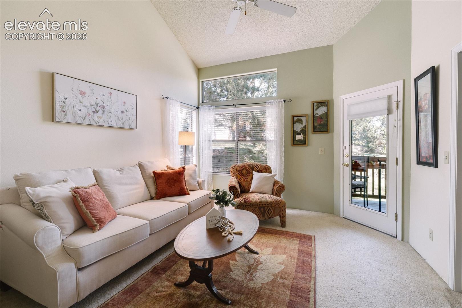 The lower-level living room has neutral carpet and a lighted ceiling fan. It centers around a cozy gas fireplace and opens to a covered composite deck.