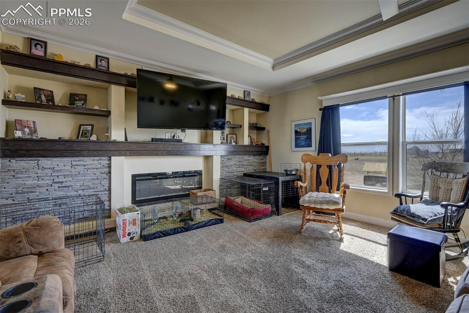 Carpeted living room featuring a glass covered fireplace, crown molding, and a raised ceiling