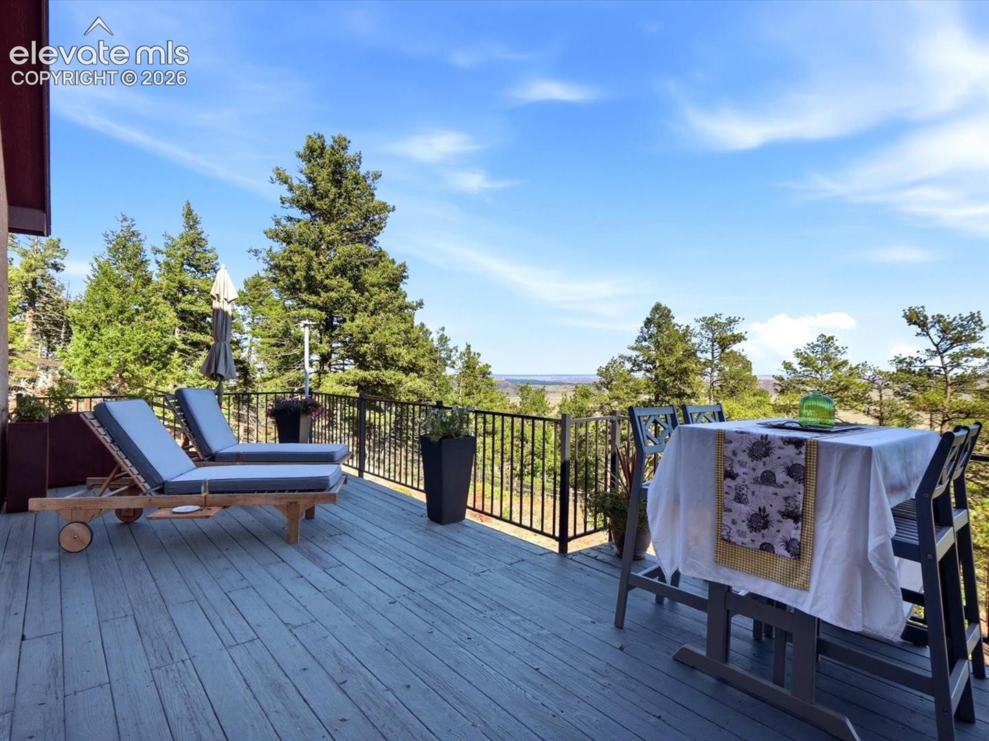 Elevated deck featuring composite decking and black metal railing, overlooking a treed landscape