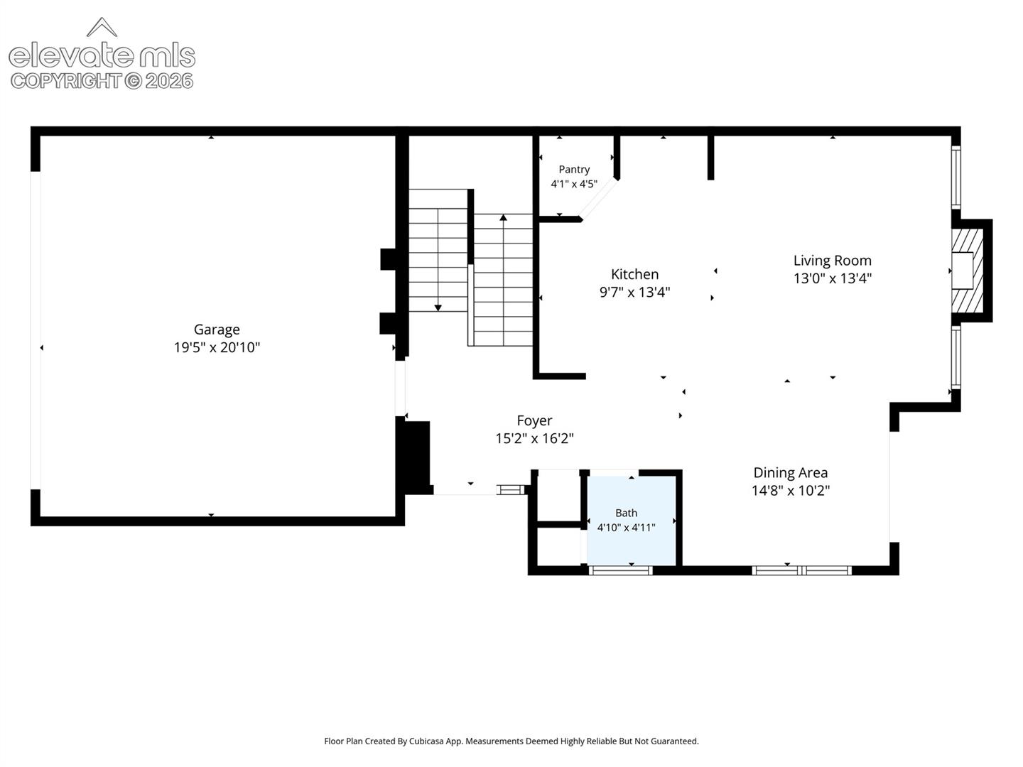 Floor plan – main level: kitchen, living room, dining, garage