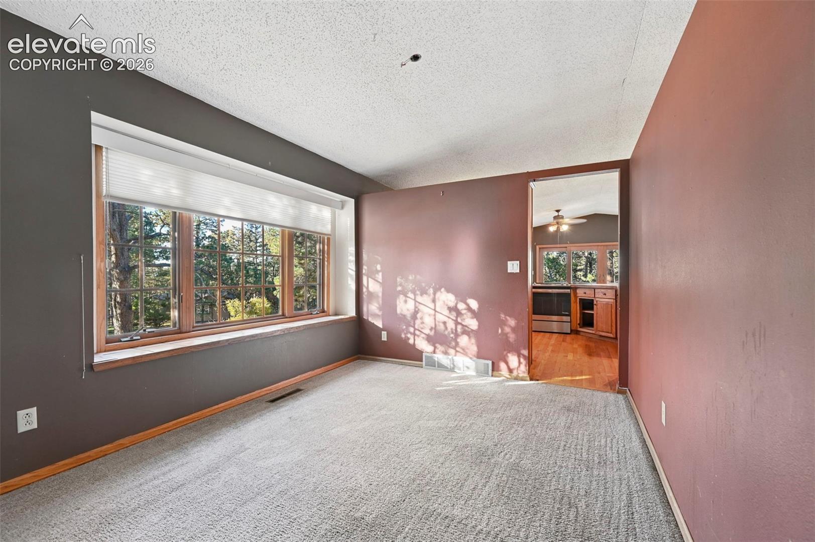 Wall-to-wall carpeting and a wide window with a wood-trimmed sill