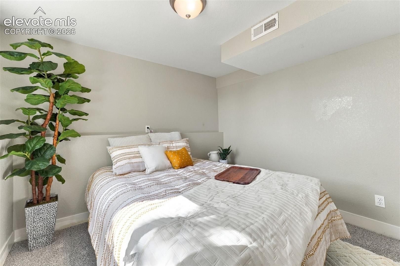 Neutral wall tones, recessed ceiling lighting, and soft gray carpeting