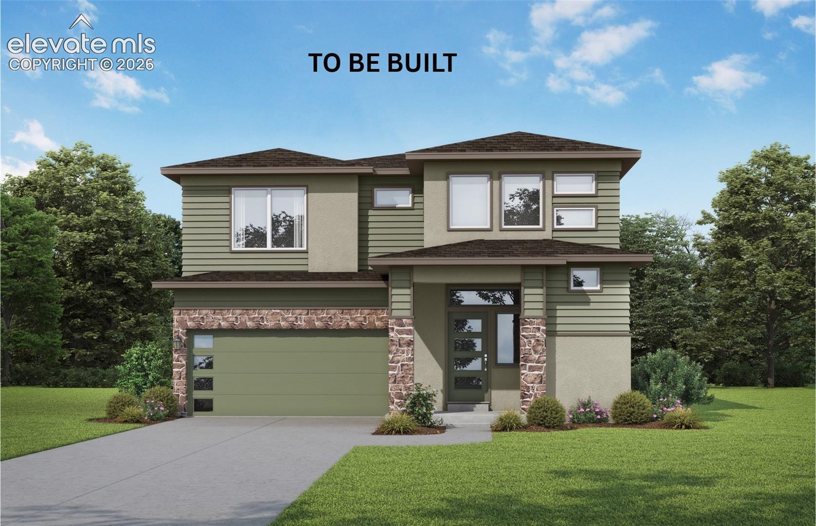 Two-story exterior featuring horizontal siding, stone veneer accents, multi-paneled garage door with decorative glazing, and an entry door with sidelight glass paneling
