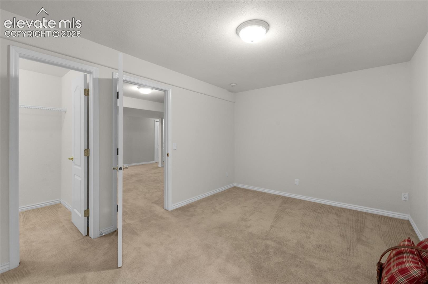 Neutral wall tones, wall-to-wall carpeting, flush-mount ceiling lighting, and a reach-in closet featuring a wire shelving system