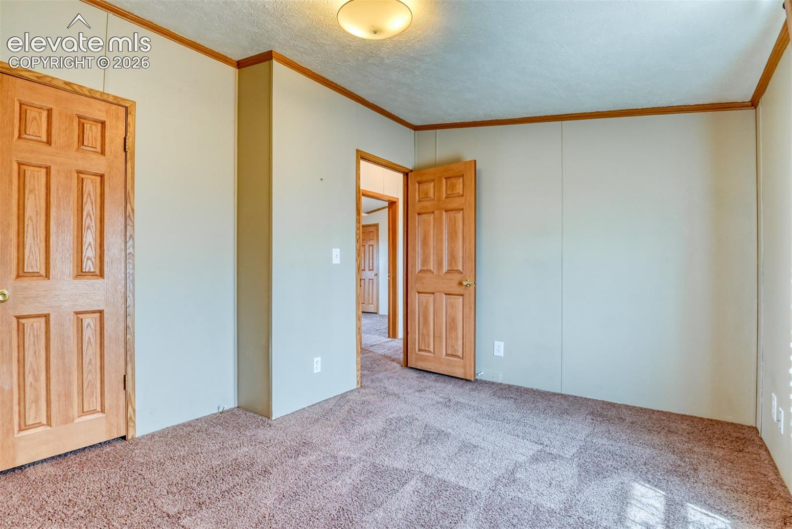 Room featuring light-colored walls with wood trim, paneled doors, and textured carpeting
