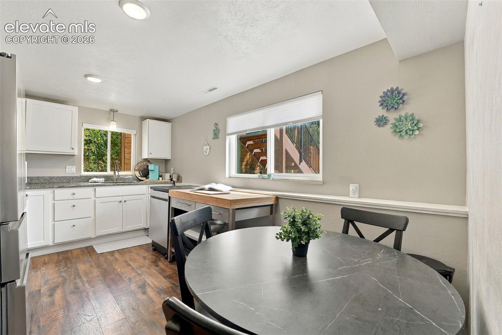 Lower level kitchen and dining area.