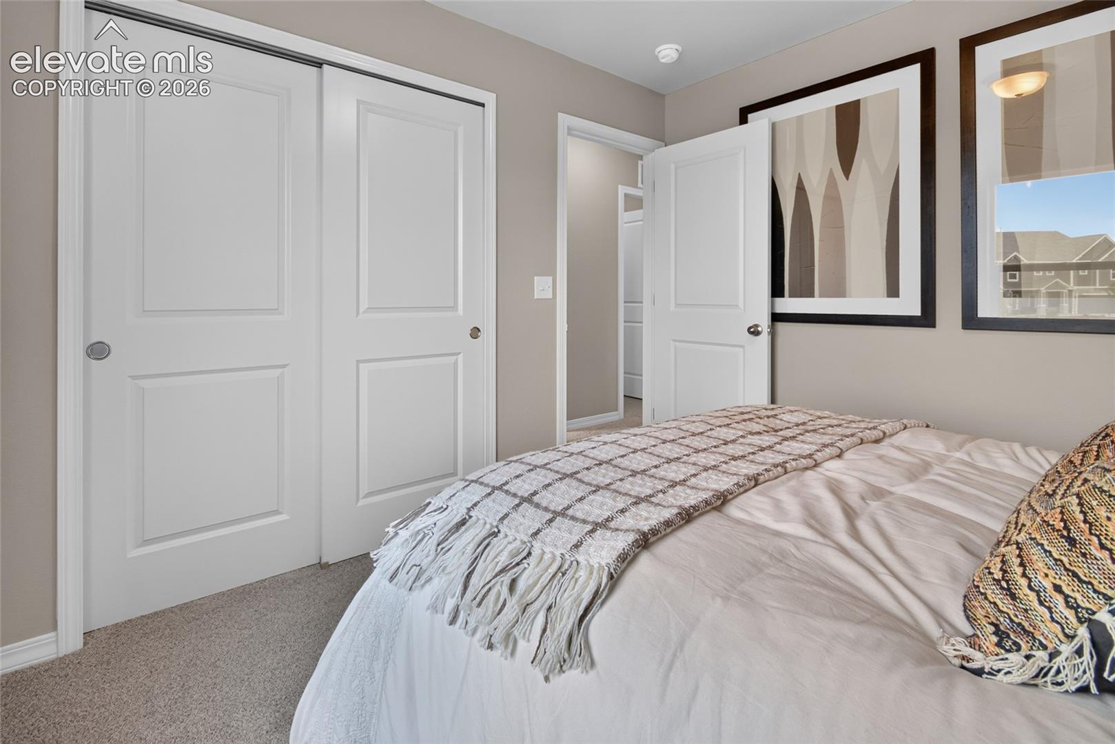 Room featuring neutral wall paint, neutral carpeting, and a dual-panel sliding closet door
