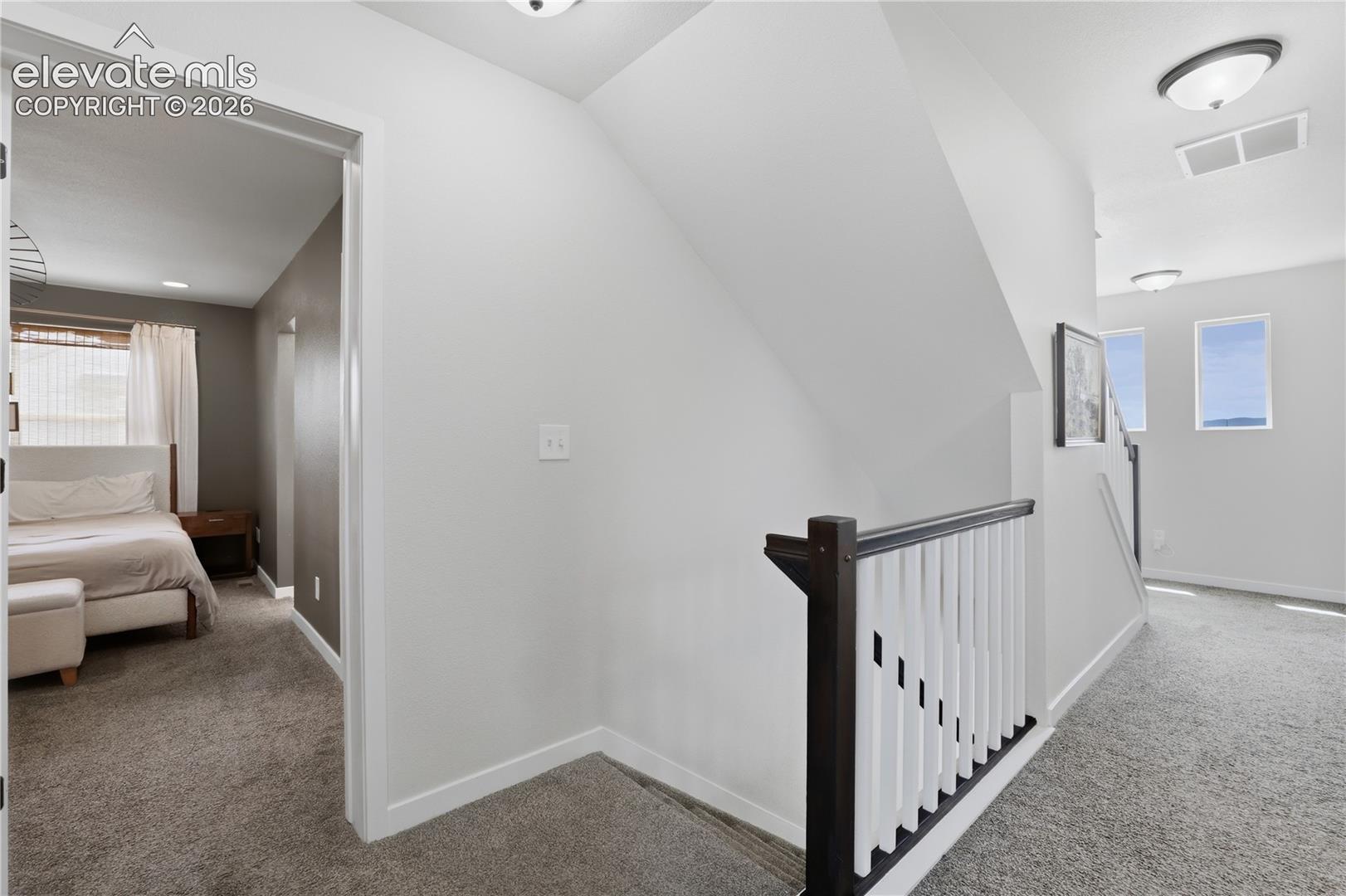 Carpeted hallway featuring a staircase with contemporary dark wood and white balusters
