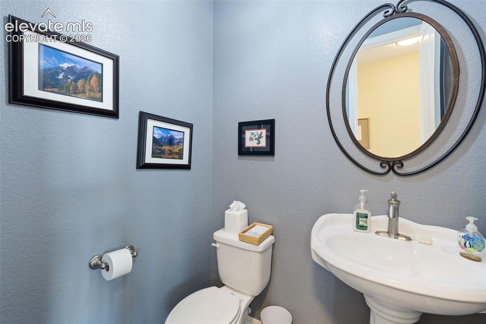 Pedestal sink with chrome faucet and an oval mirror featuring decorative ironwork
