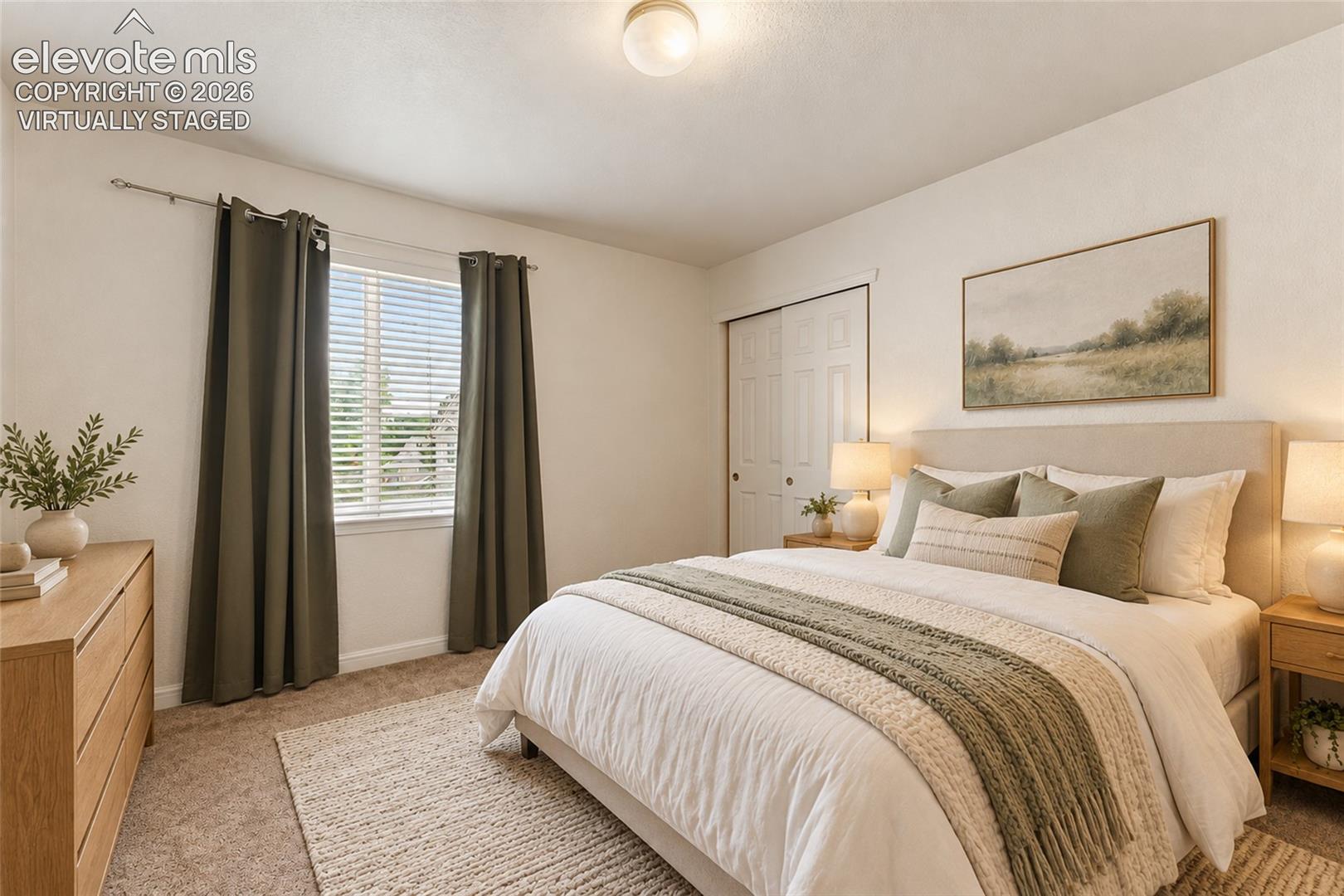 Virtually Staged Neutral-toned carpeting, dual-panel sliding closet doors, flush-mount ceiling lighting, and a single-hung window with installed horizontal blinds