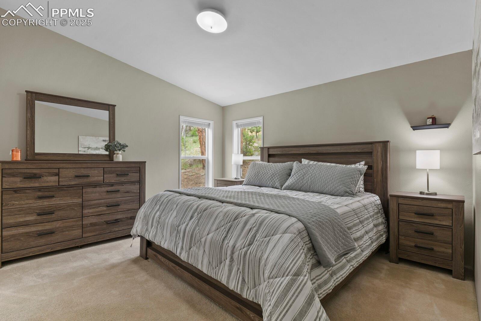 Bedroom with carpet floors and lofted ceiling