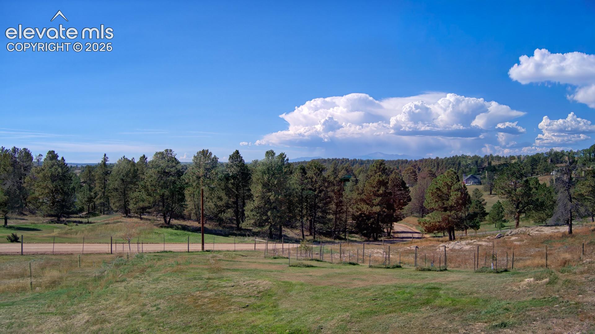 Expansive acreage featuring mature pine trees, natural terrain, a perimeter fence, and mountain silhouettes
