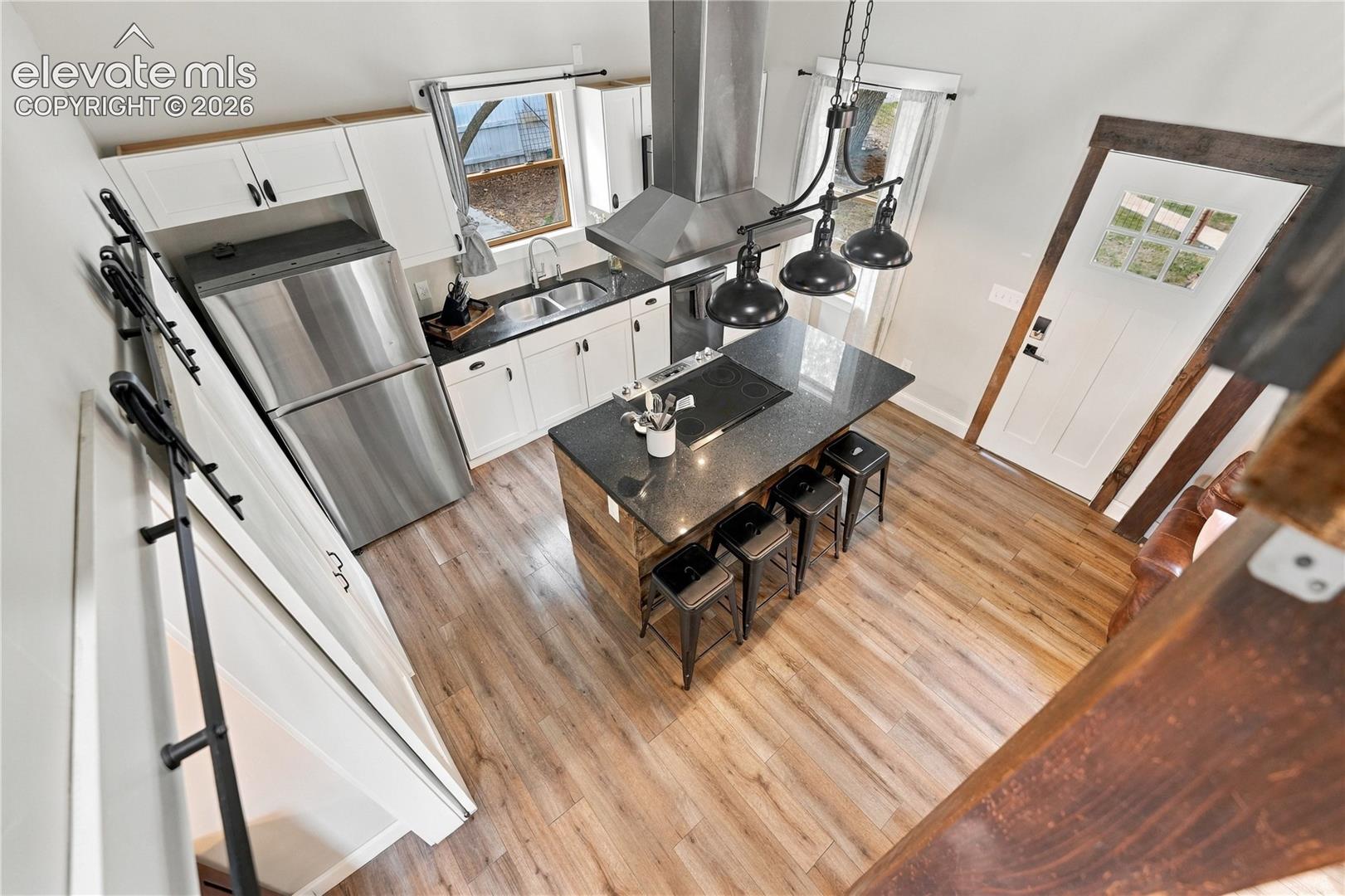 View from the loft into the kitchen. 