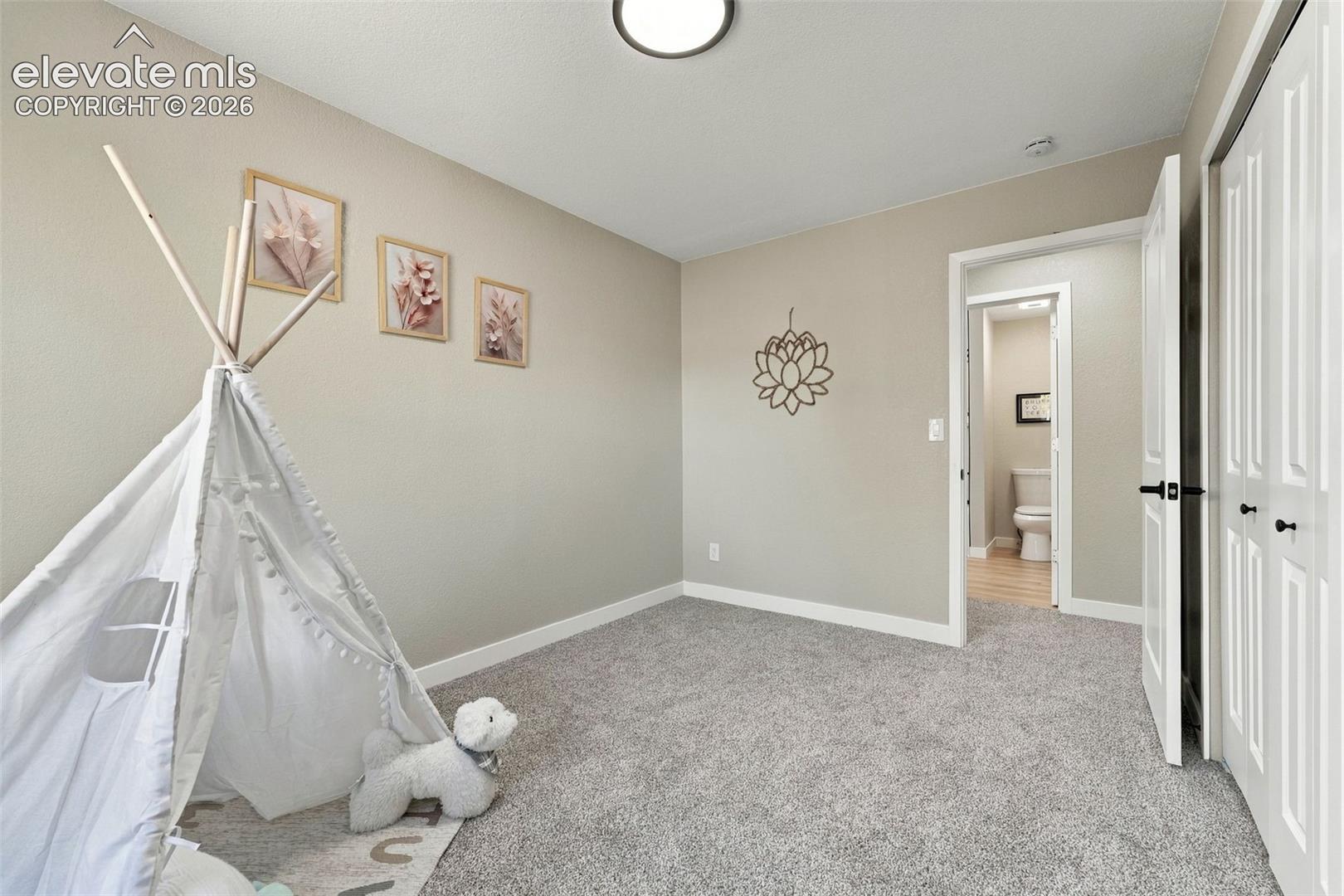 Room featuring neutral-toned walls, plush wall-to-wall carpeting, flush-mount ceiling lighting, and a bi-fold closet door with matte black hardware