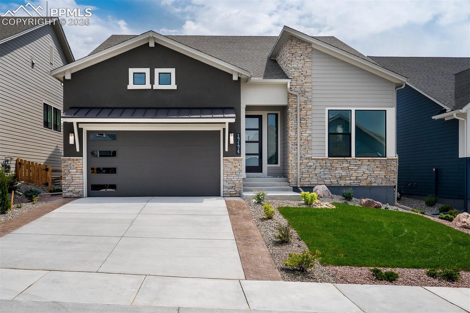 This sprawling ranch-style new construction home in Cloverleaf offers the epitome of Colorado living. With this new home in Monument, CO, you'll enjoy serene surroundings and the Monument lifestyle. Step inside to discover a spacious main level designed for both comfort and elegance. The heart of the home is the expansive family room, warmed by a cozy fireplace, perfect for gatherings with loved ones.Adjacent, a sophisticated study ideal for those who work or study from home. The gourmet kitchen is a culinary delight, featuring high-end appliances, ample counter space and sleek cabinetry.Experience the convenience of main level living with two generously sized bedrooms and a luxurious extended Owner's Retreat. Indulge in the spa-like comfort of the Owner's Bath, featuring a beautifully designed five-piece setup for ultimate relaxation.This new home features upgrades and beautiful finishes throughout. Revel in the elegance of quartz counter tops adorning every surface. Savor the fresh mountain air as you step outside onto the covered rear patio, the perfect spot for al fresco dining or simply unwinding after a long day.Venture downstairs to the finished basement, where two additional bedrooms and one bathroom await, along with a large game room, providing ample space for entertainment and relaxation. This home also boasts a fully-landscaped front and backyard with a covered patio, ensuring outdoor enjoyment year round. With top-rated D38 schools nearby, this new home offers both luxury and practicality in one stunning package.