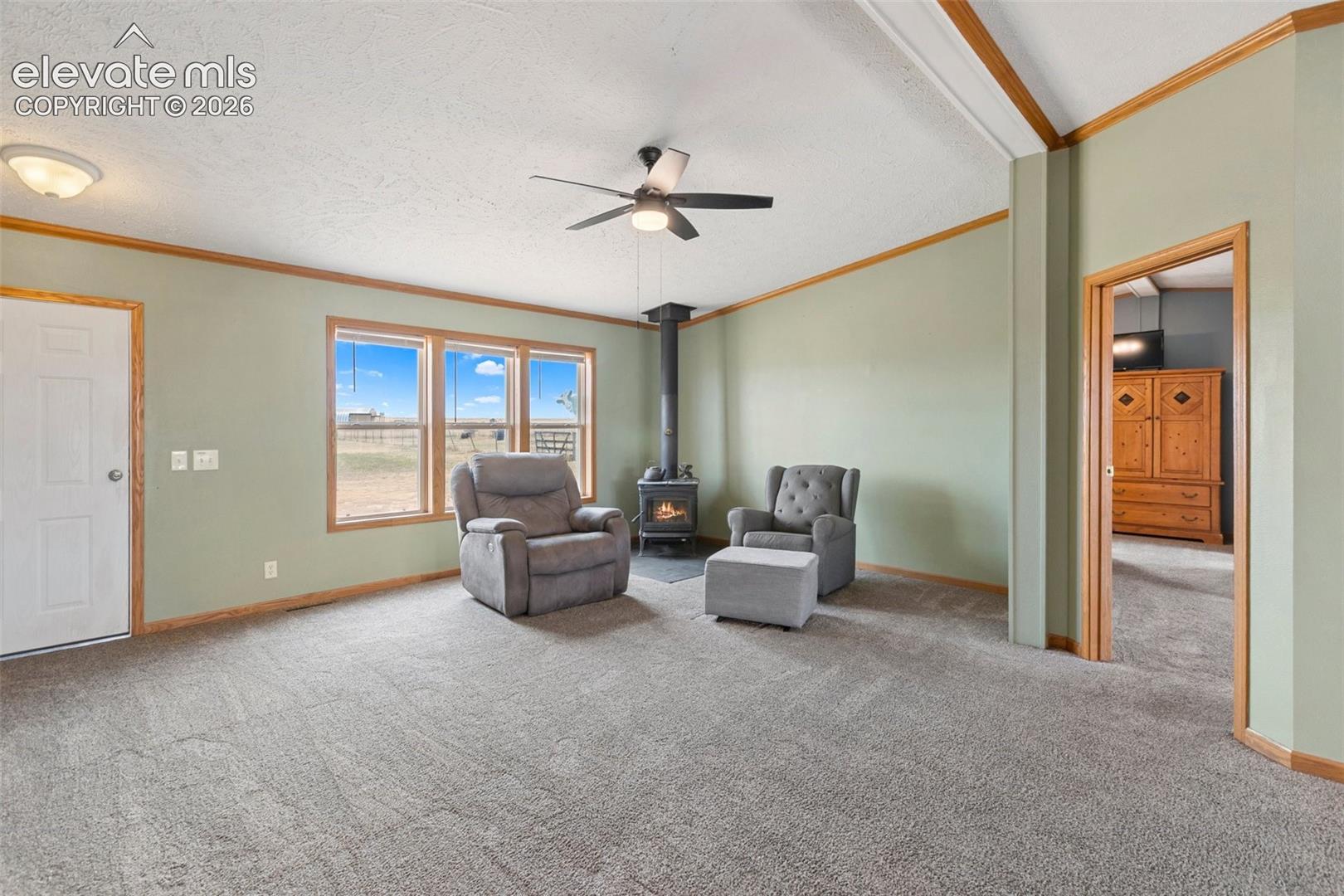 Spacious interior featuring a freestanding wood-burning stove, triple window unit, ceiling fan with integrated lighting, and neutral carpeting
