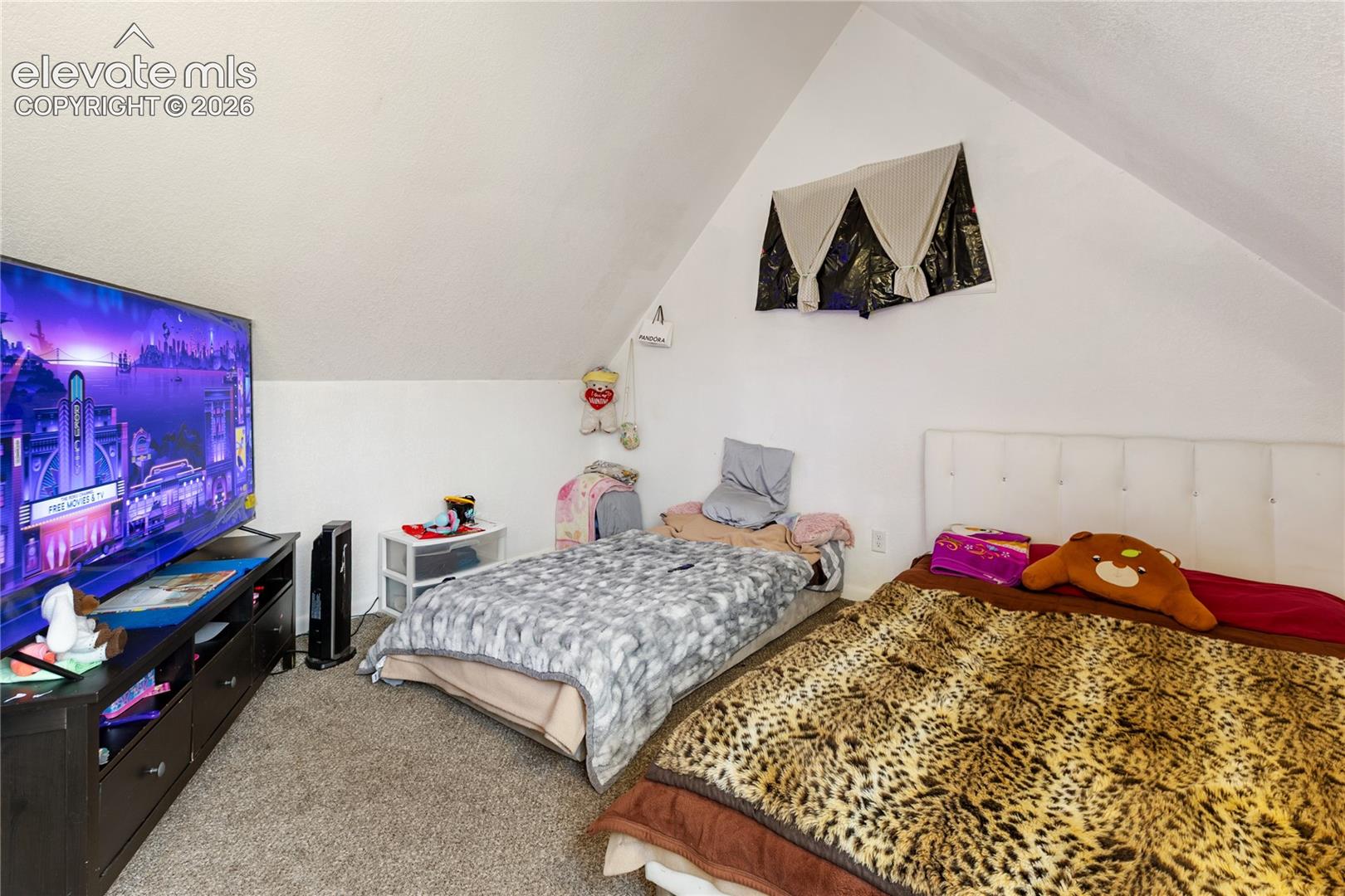 Vaulted ceiling with angled walls and wall-to-wall carpeting