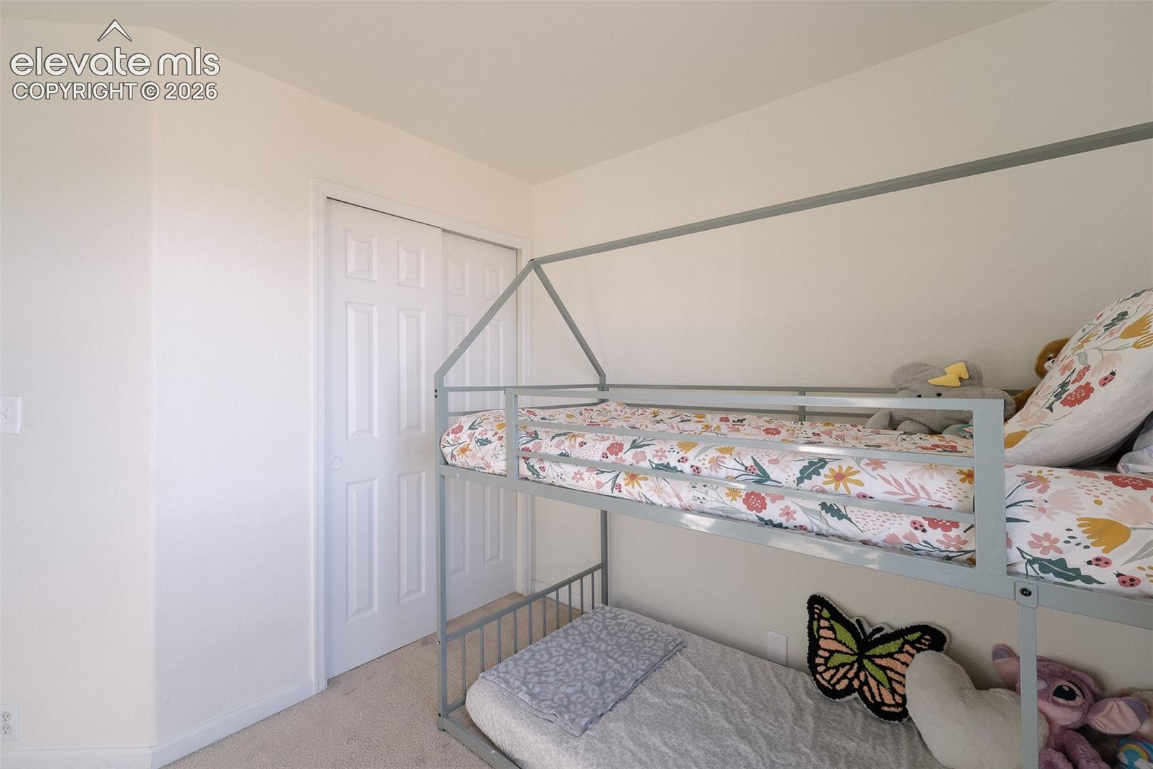 Neutral wall paint with carpeted flooring, featuring a two-panel sliding closet door