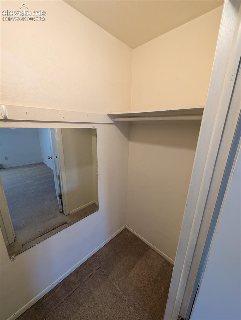 Built-in closet shelving and hanging rod with wall-mounted mirror