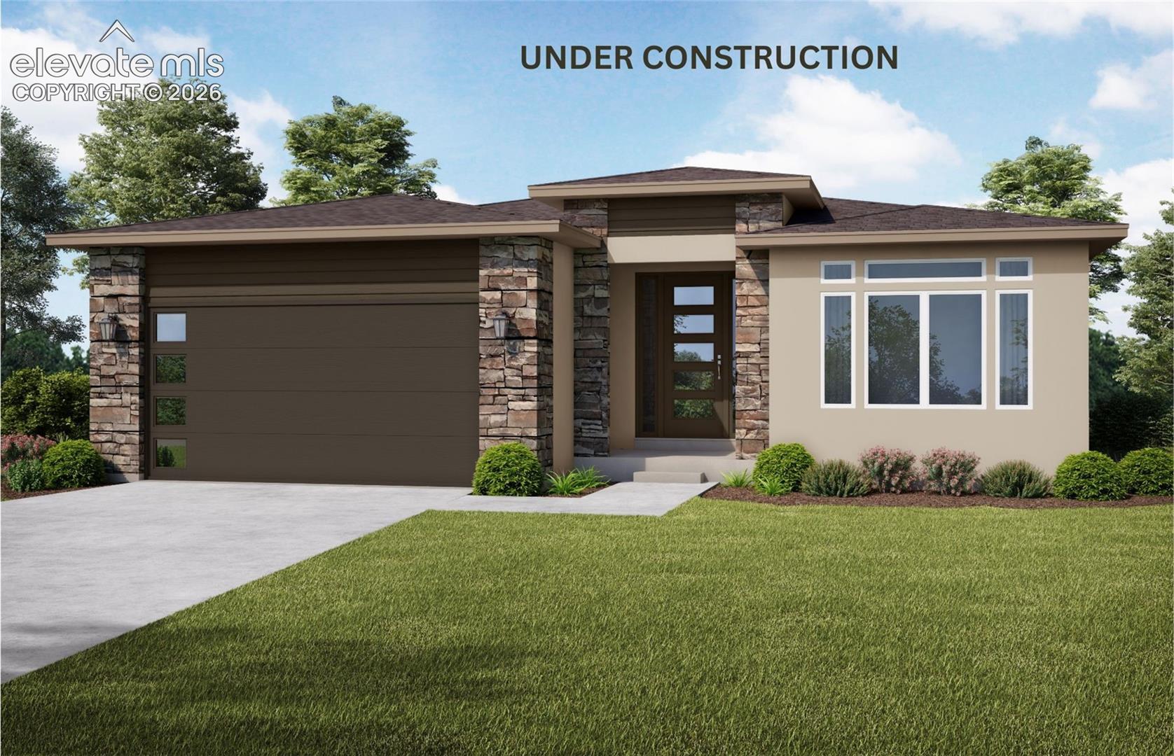 Modern architectural exterior featuring stone veneer accents, stucco siding, a multi-pane glass entry door, and a horizontal panel garage door with glass inserts