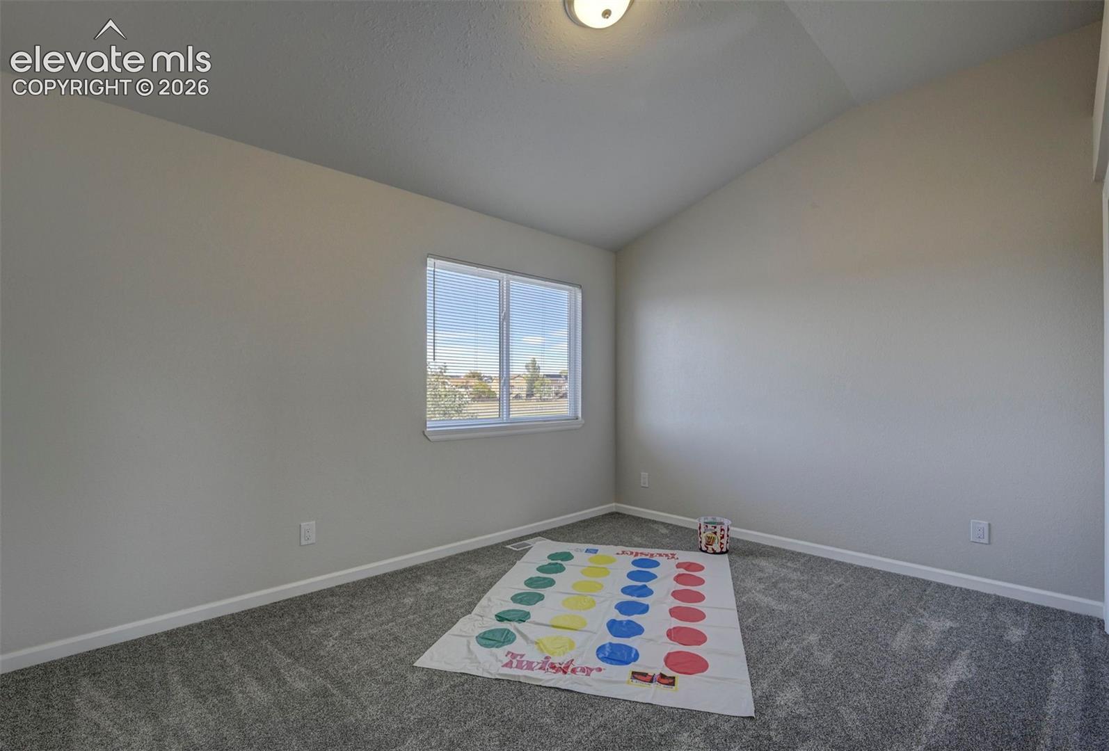 Vaulted ceiling, neutral wall tones, wall-to-wall carpeting, and a double-pane window