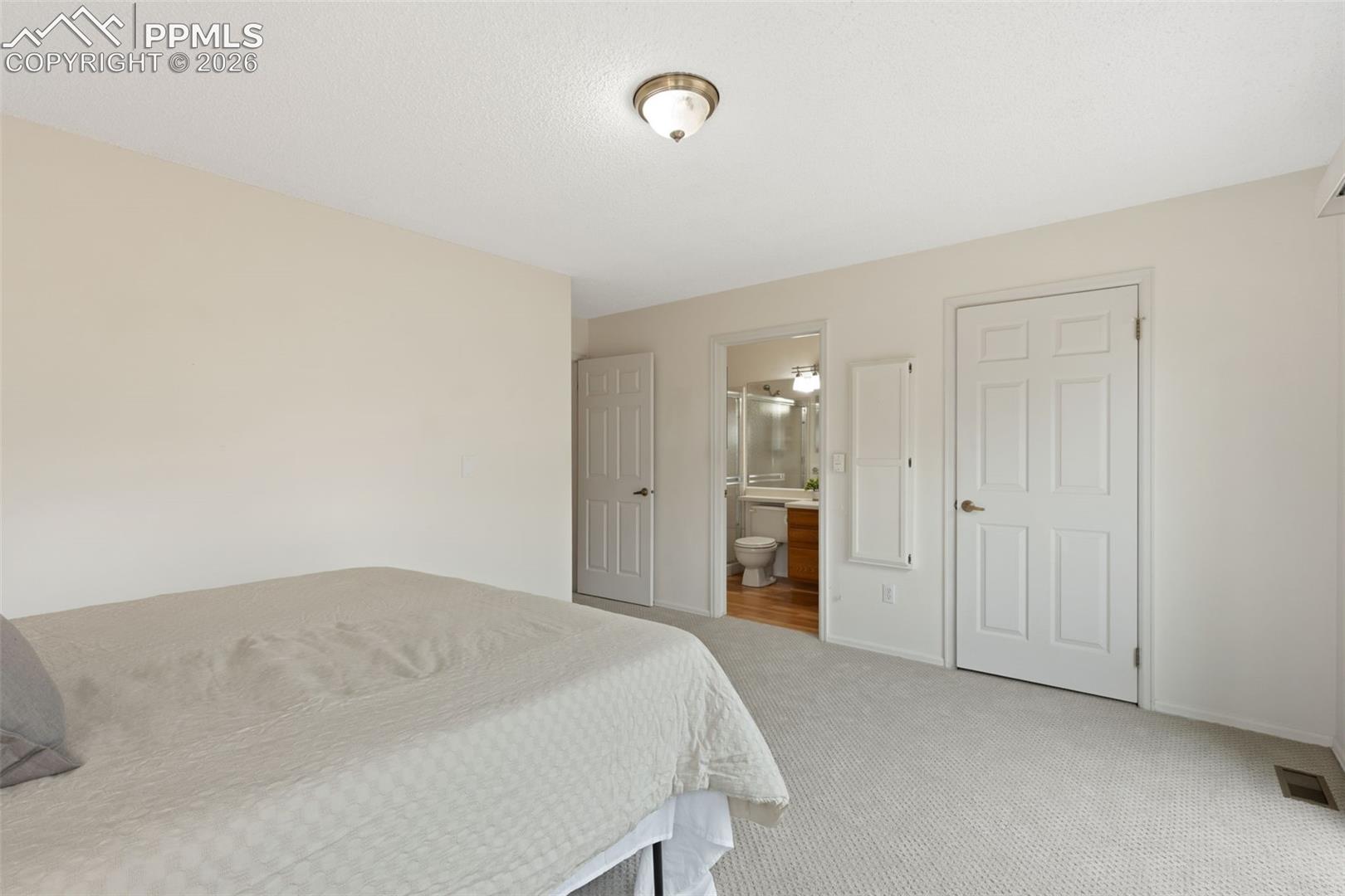 Bedroom featuring carpeted flooring, light-colored walls, and a ceiling-mounted light fixture