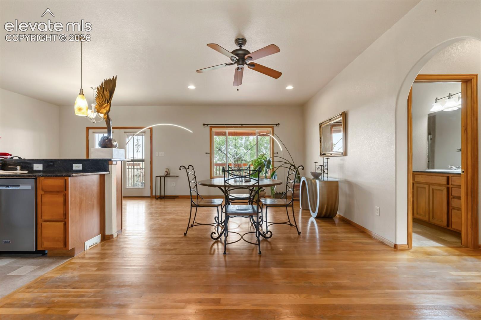Versatile living in this very open living room, dining and kitchen area.  Real hardwood floors.