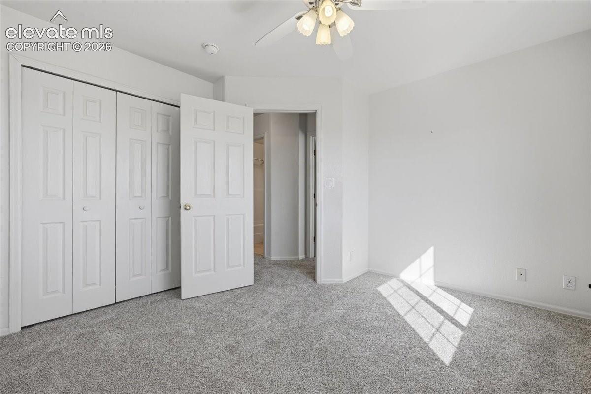 Plush carpeting, bi-fold closet doors, a six-panel interior door, and a ceiling fan with integrated lighting