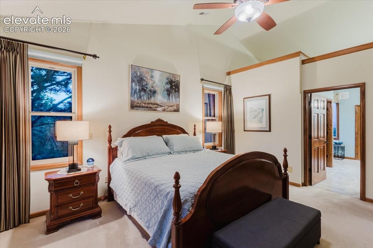 Vaulted ceiling room featuring light-toned carpeting and wood-trimmed windows