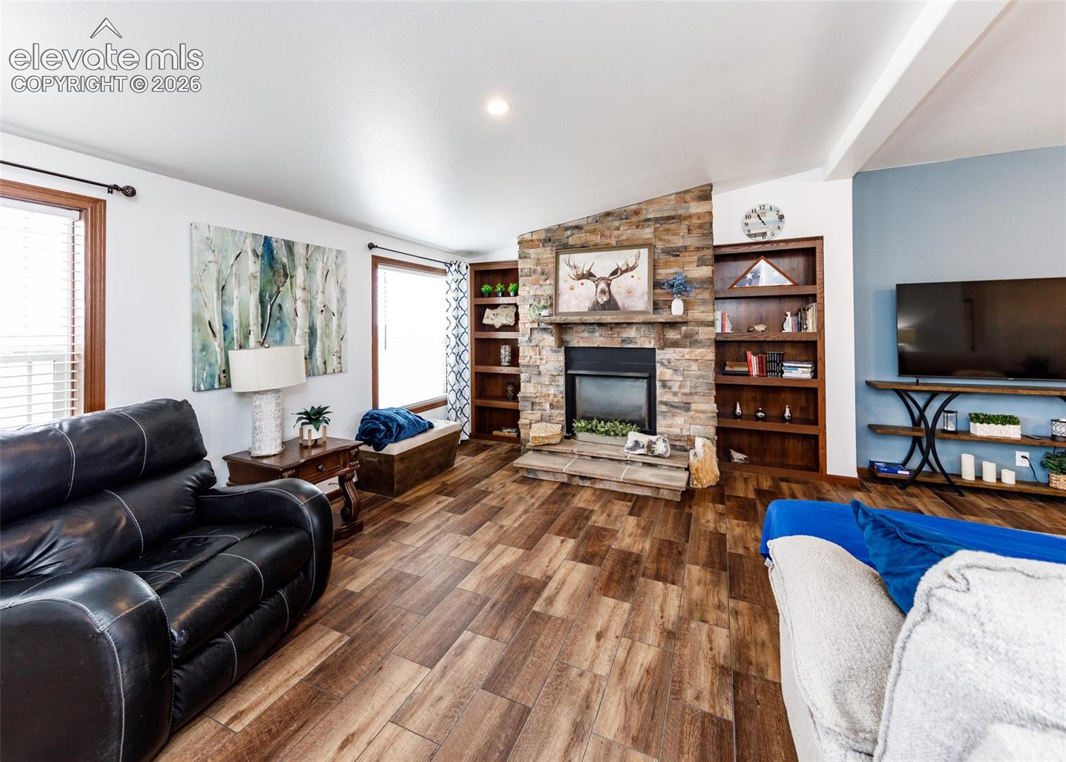 Living room area with fireplace