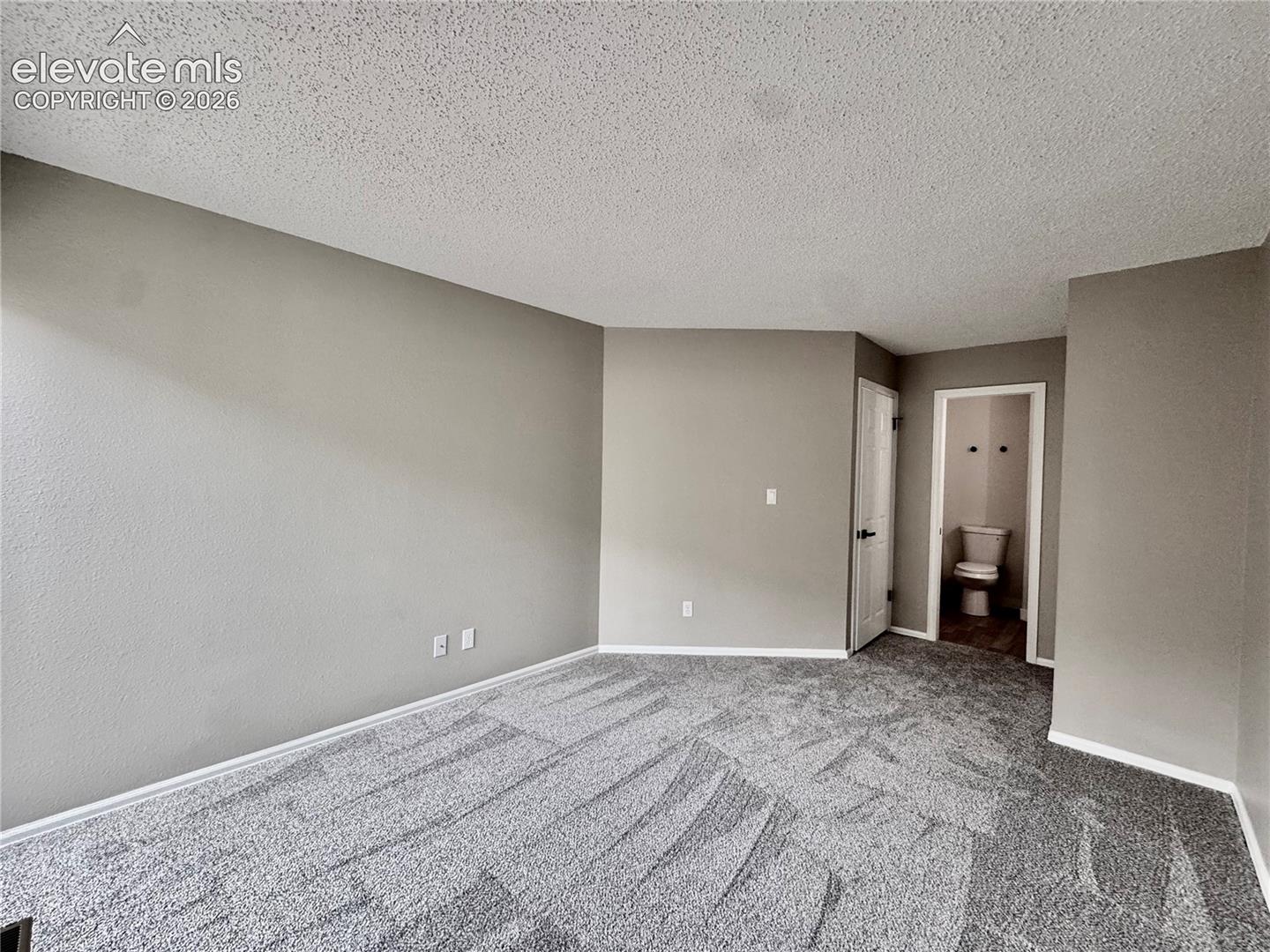 Textured light gray walls with white trim, new gray patterned carpet, and a half bath with a toilet and wood-finish flooring