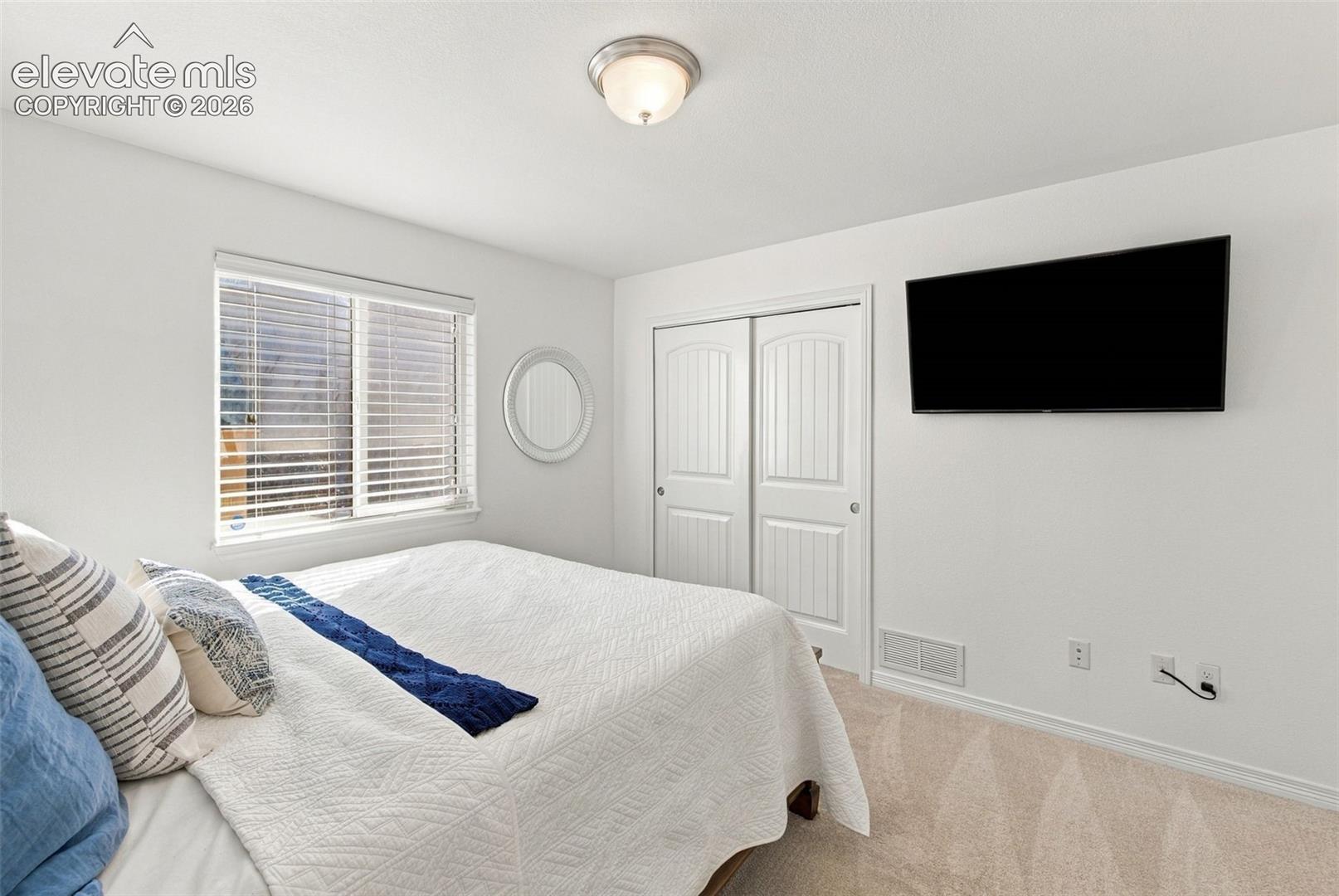 Room featuring neutral carpeting, double-panel closet doors, a multi-pane window with horizontal blinds, and a dome-style flush-mount ceiling light