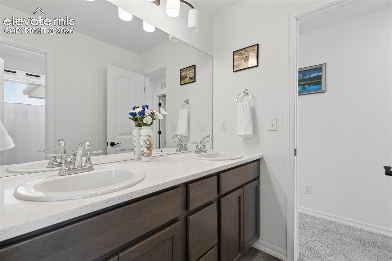 Double vanity with white oval undermount sinks, chrome fixtures, and a light-toned countertop
