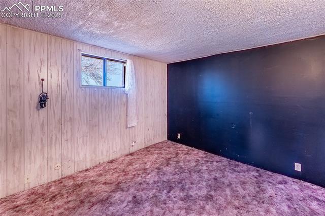 Carpeted spare room with wood walls and a textured ceiling