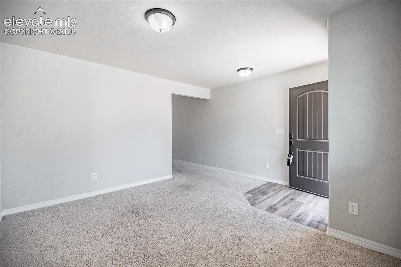 Entryway with wood-finish flooring, a paneled door, and overhead flush mount lighting
