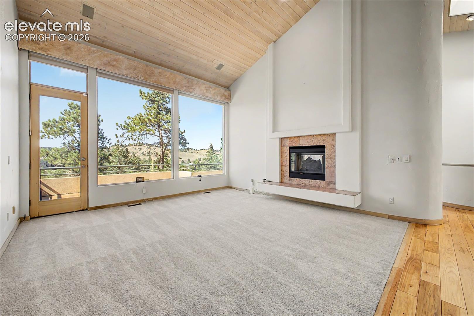 Vaulted wood-finish ceiling, expansive windows, built-in fireplace with stone surround, light-toned carpeting, and wood-finish flooring