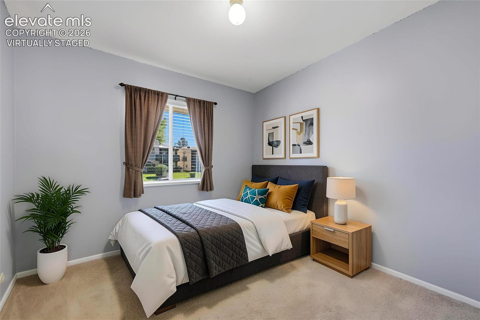 virtually staged. Bedroom featuring neutral wall paint, wall-to-wall carpeting, and a single-pane window with a curtain rod