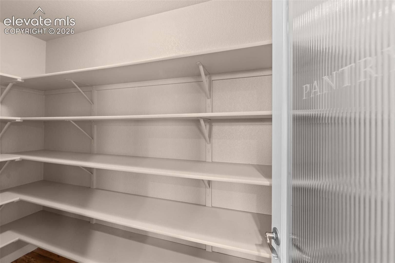 Walk-in pantry featuring tiered built-in shelving and a glass door with a ribbed texture