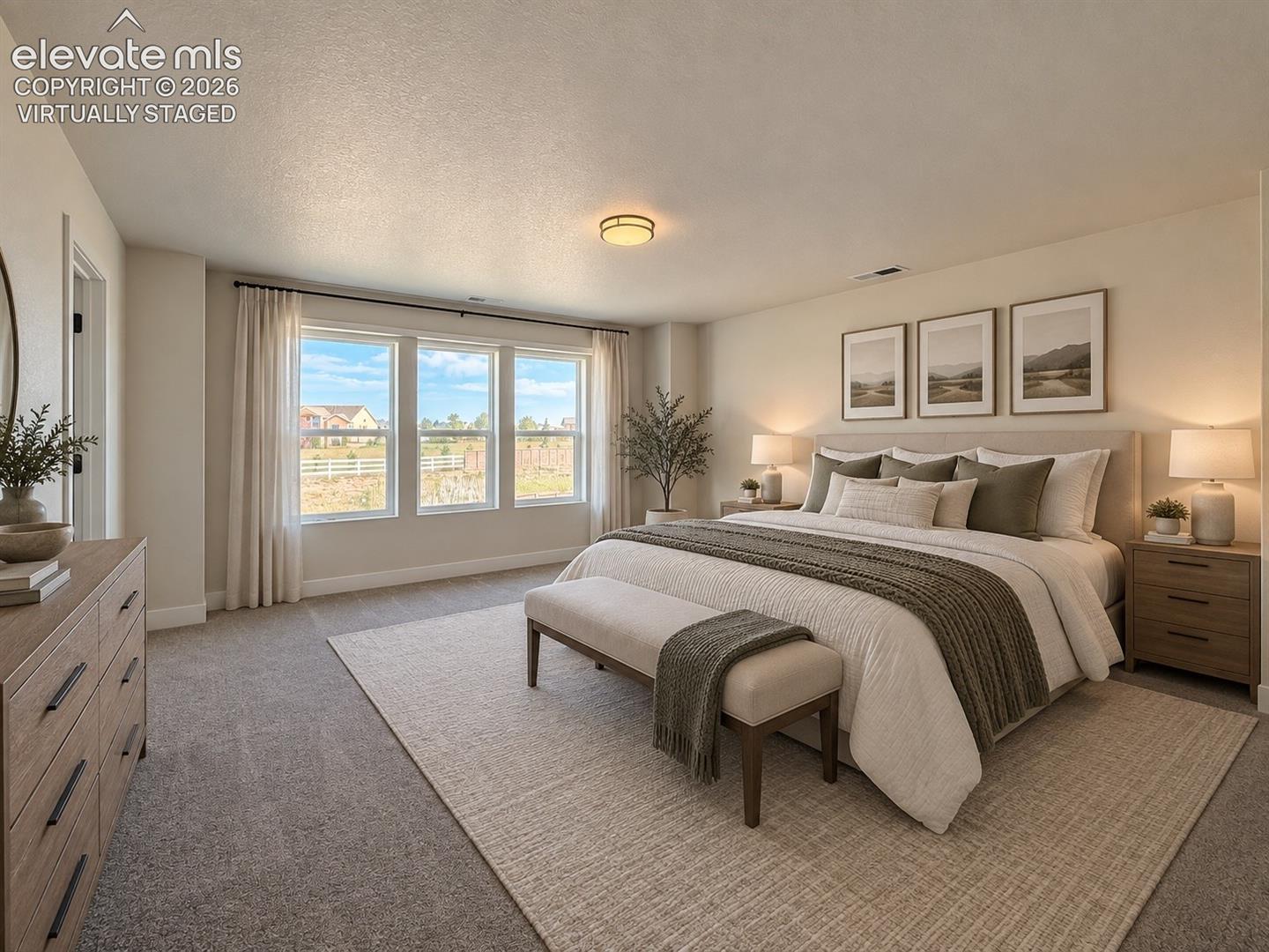 primary bedroom with large triple window, upholstered bed with bench, neutral walls and framed art — virtually staged