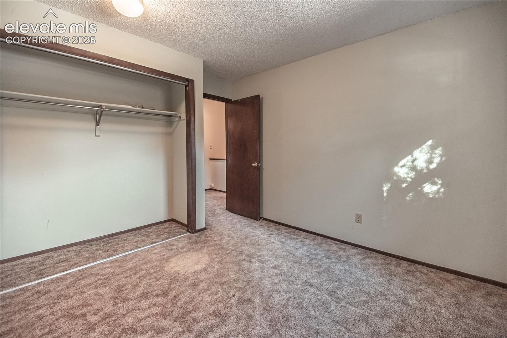 Room featuring neutral wall finishes, textured ceiling, carpeted flooring, a reach-in closet with built-in shelving, and a solid-core wood-finish door