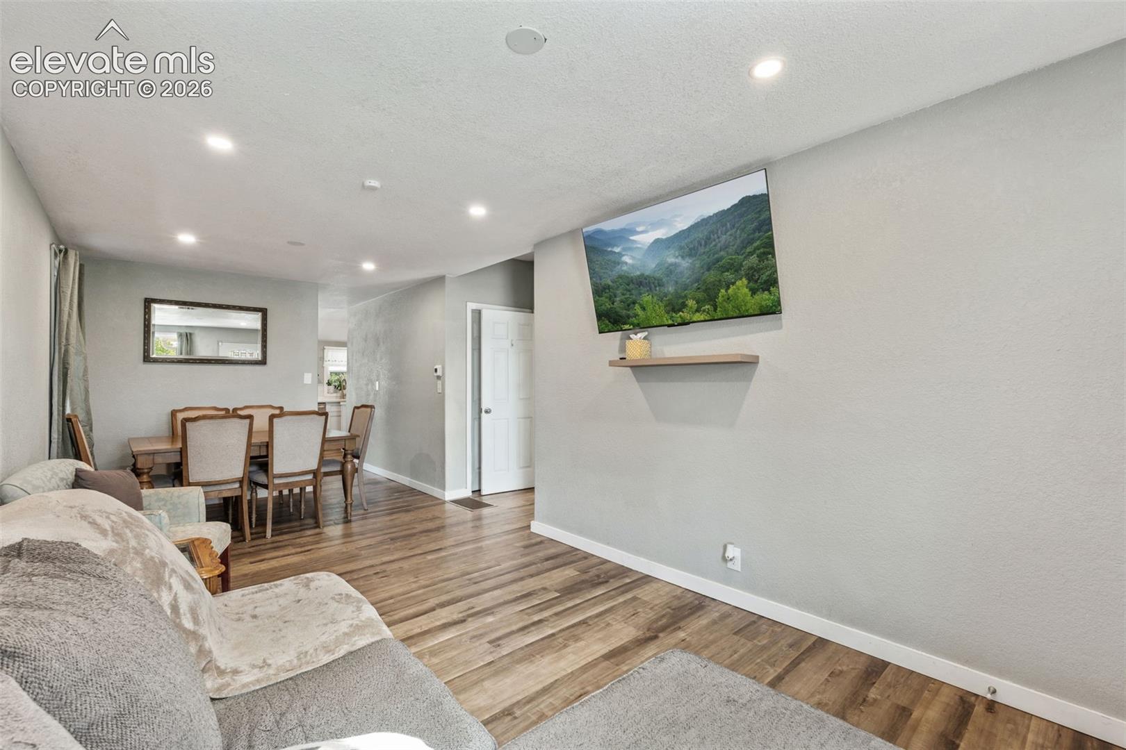 Open-concept living area featuring wood-finish flooring, recessed lighting, and light gray wall paint