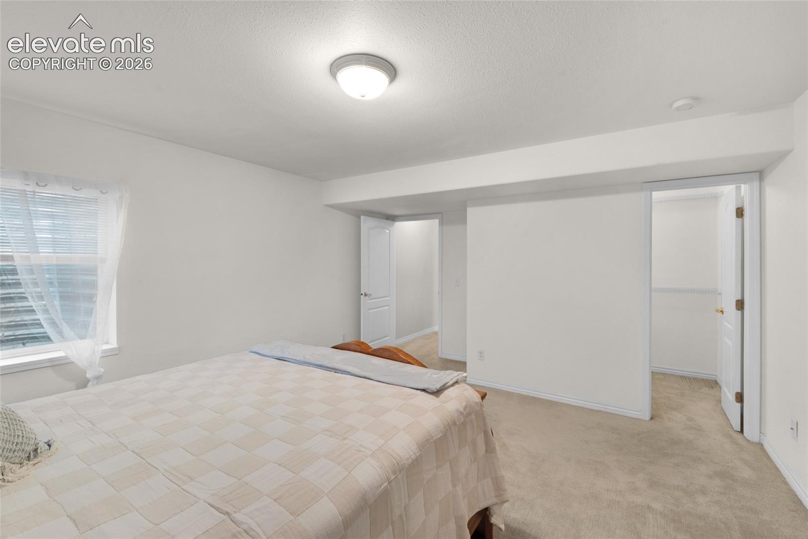 Neutral-toned wall-to-wall carpeting, flush-mount ceiling lighting, multi-panel interior doors, and a recessed window