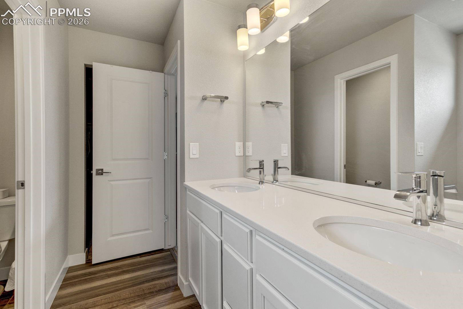 Master Bathroom with double vanity and dark wood finished floors