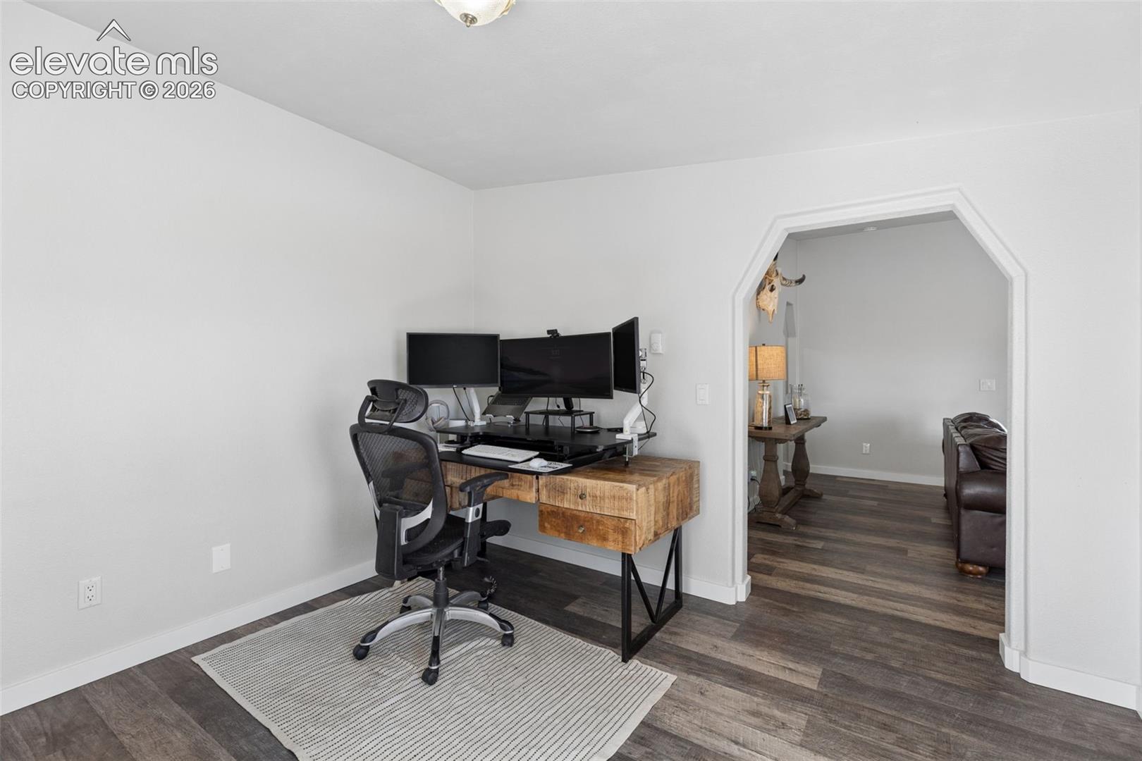 Interior room featuring wood-finish flooring and a distinctive architectural arched doorway