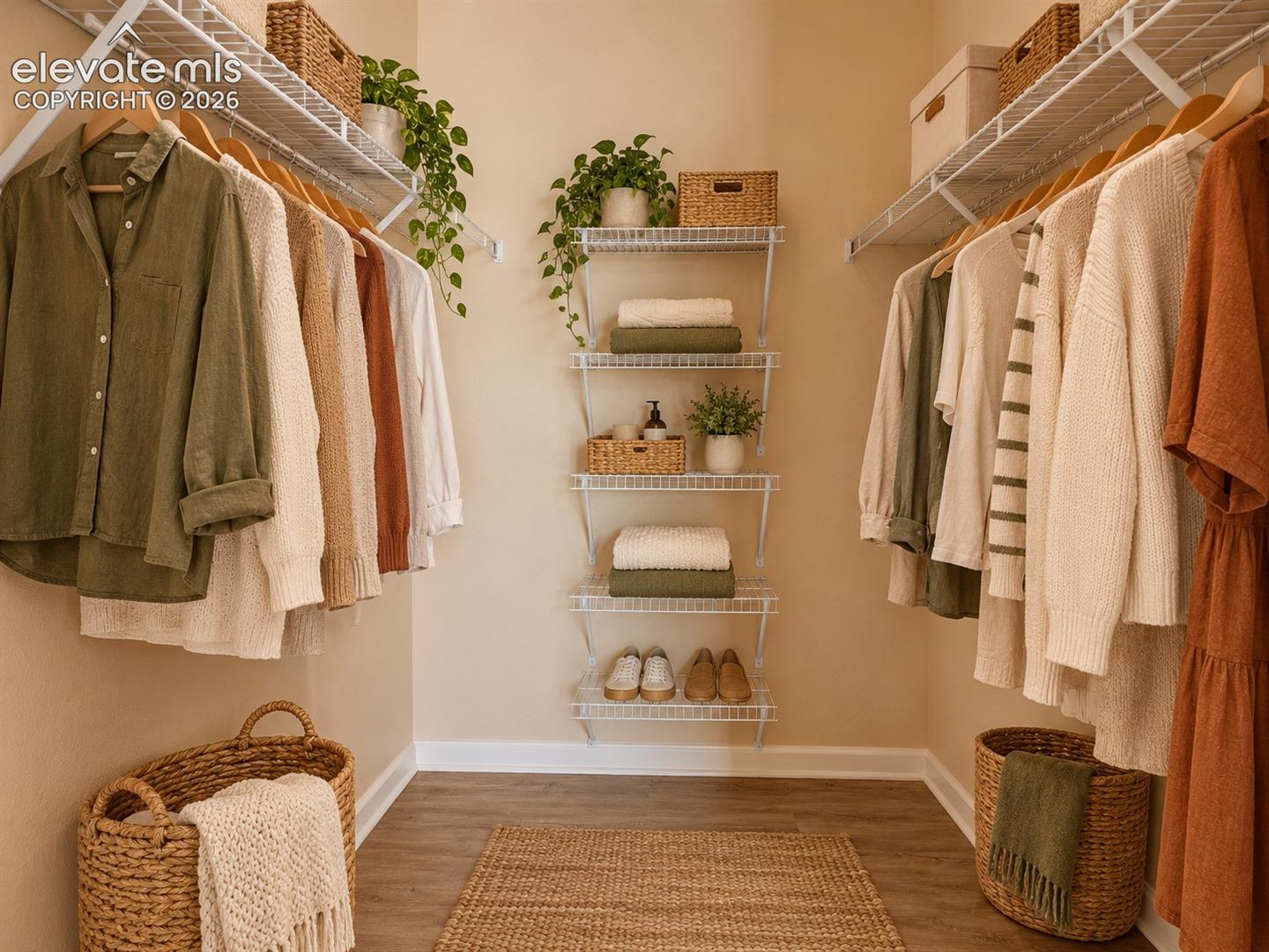 Walk-in closet featuring multi-level white wire shelving, wall-mounted center rack system, and wood-finish flooring